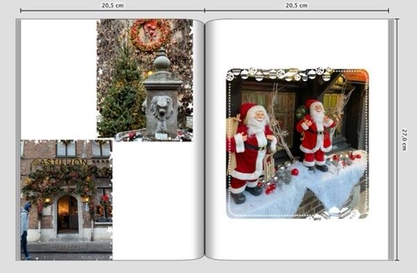 Doble página de un fotolibro CEWE con motivos navideños. A la izquierda, una puerta decorativa festiva; a la derecha, dos vándalos navideños.