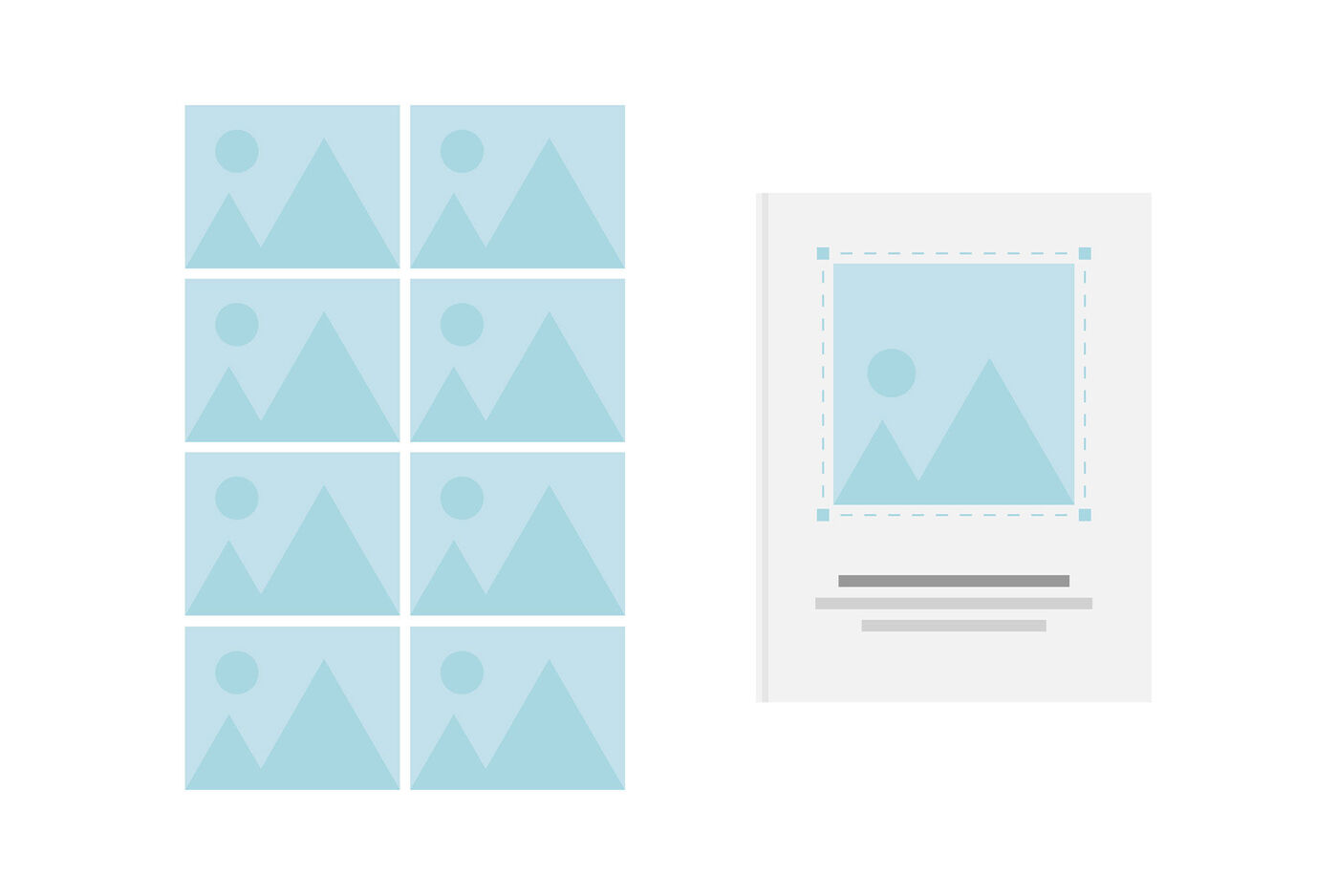 La imagen muestra una vista de 9 pequeños diseños fotográficos con paisajes, al lado un diseño grande con una imagen de marcador.