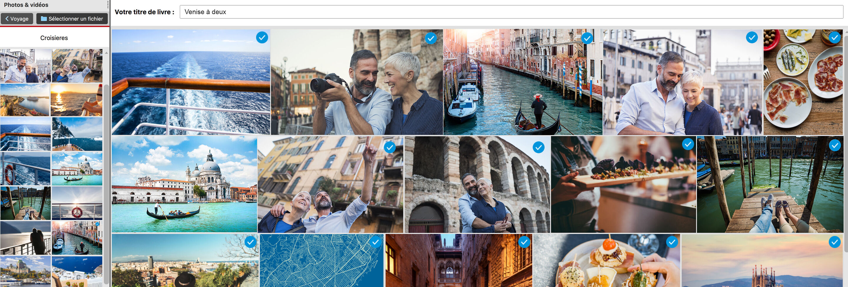 Collage coloreado de varias imágenes que muestra personas felices viajando en Venecia, con fotos de canales, comida y edificios.
