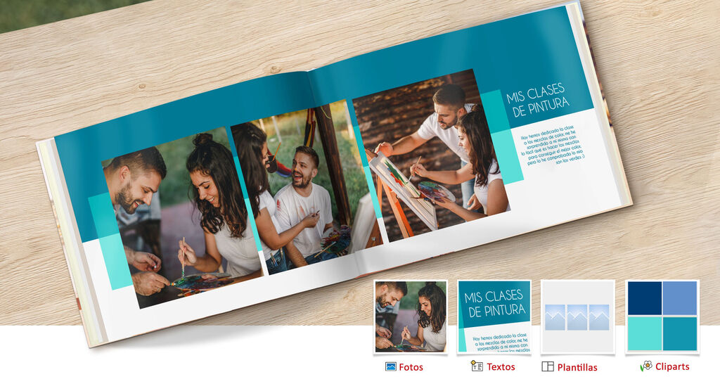 Un álbum de fotos abierto con imágenes de clases de pintura y momentos creativos.