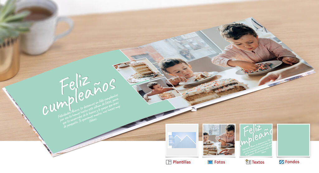 Un niño celebra su cumpleaños con una gran tarta y regalos en un álbum CEWE.