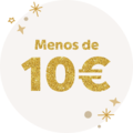 Precio bajo 10 € en letras doradas ante un fondo redondo claro con estrellas brillantes