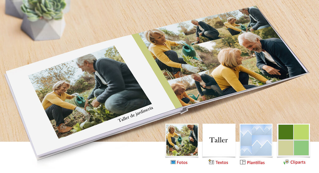 Dos personas creando juntas un álbum de fotos en un jardín con plantas y fotos.