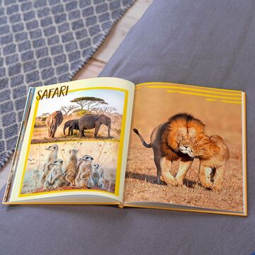 Un fotolibro abierto con fotos de safari, incluyendo elefantes, suricatas y leones.