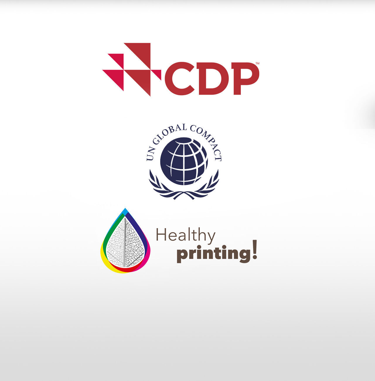Logos de CDP, UN Global Compact y Healthy Printing sobre fondo blanco.