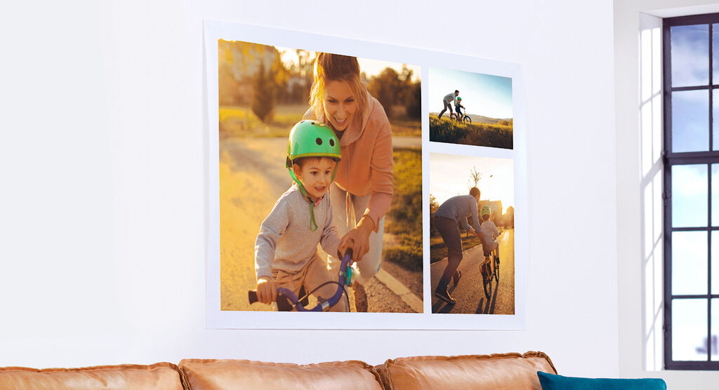 Una imagen familiar con un niño en bicicleta y un adulto ayudando. Es un día soleado en el parque.