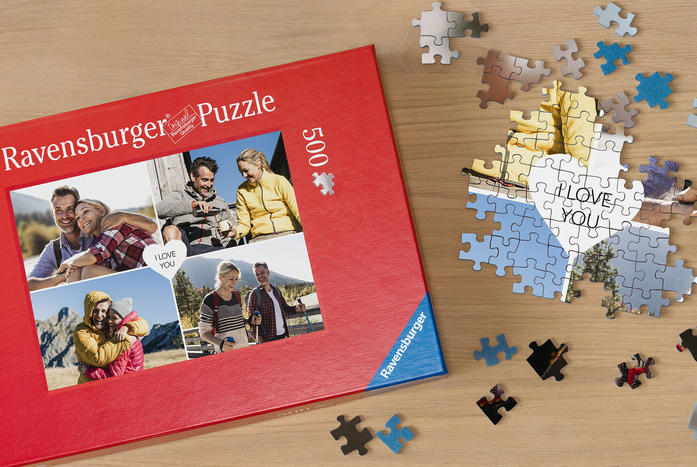 Rompecabezas Ravensburger con caja rojo-blanca y piezas de rompecabezas.