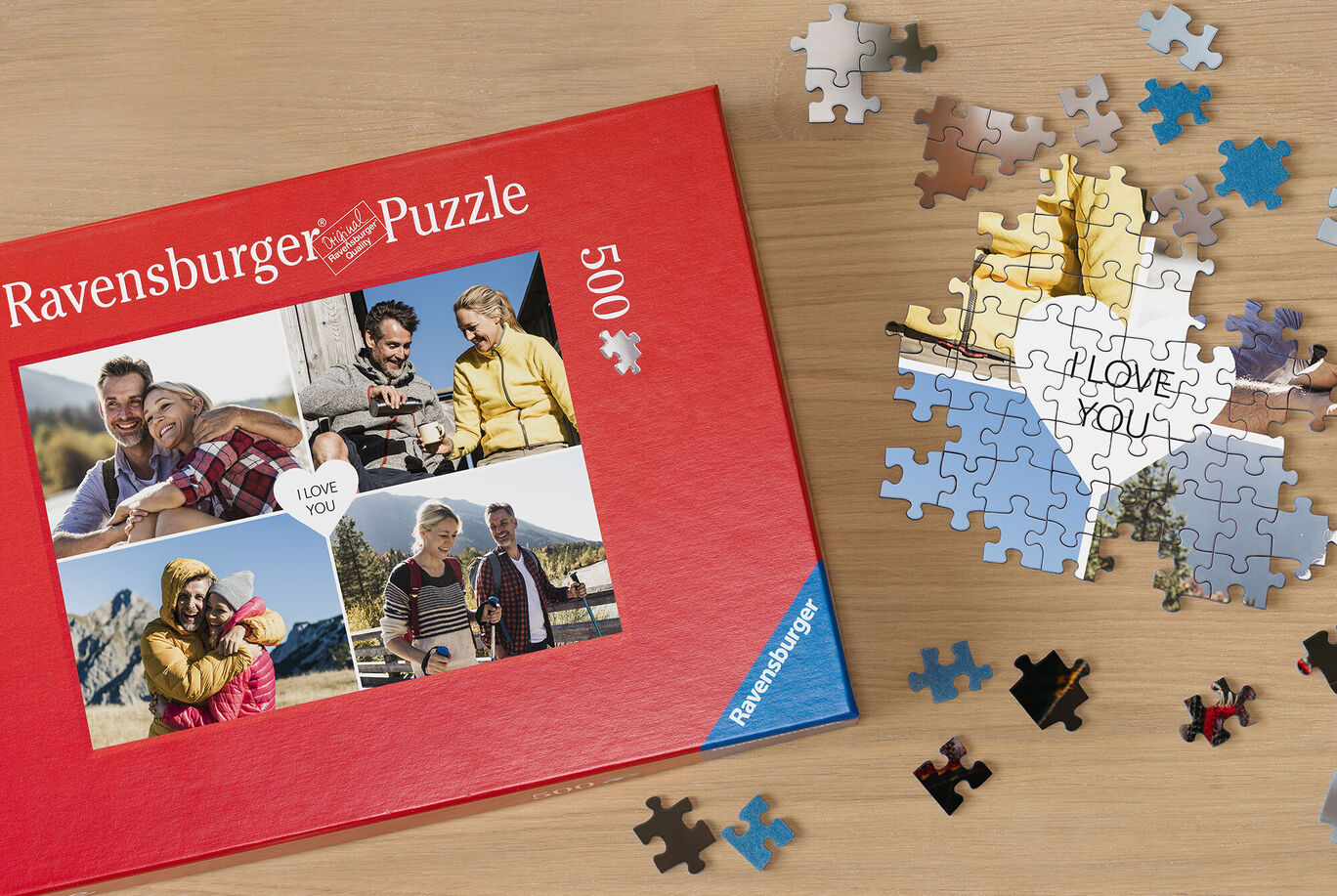 Rompecabezas Ravensburger con caja rojo-blanca y piezas de rompecabezas.