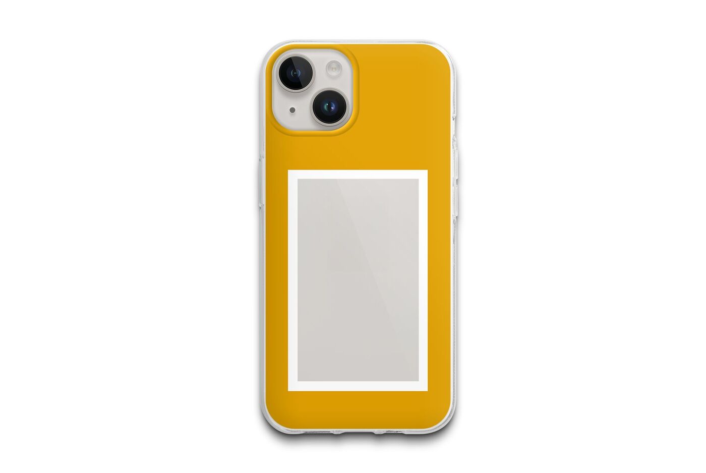 Funda de teléfono amarilla con un espacio para foto blanca