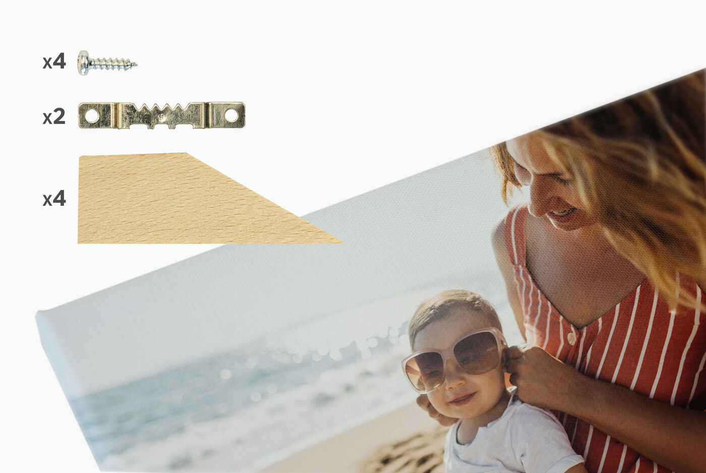 Accesorios para montaje, incluyendo tornillos, piezas de metal y madera.