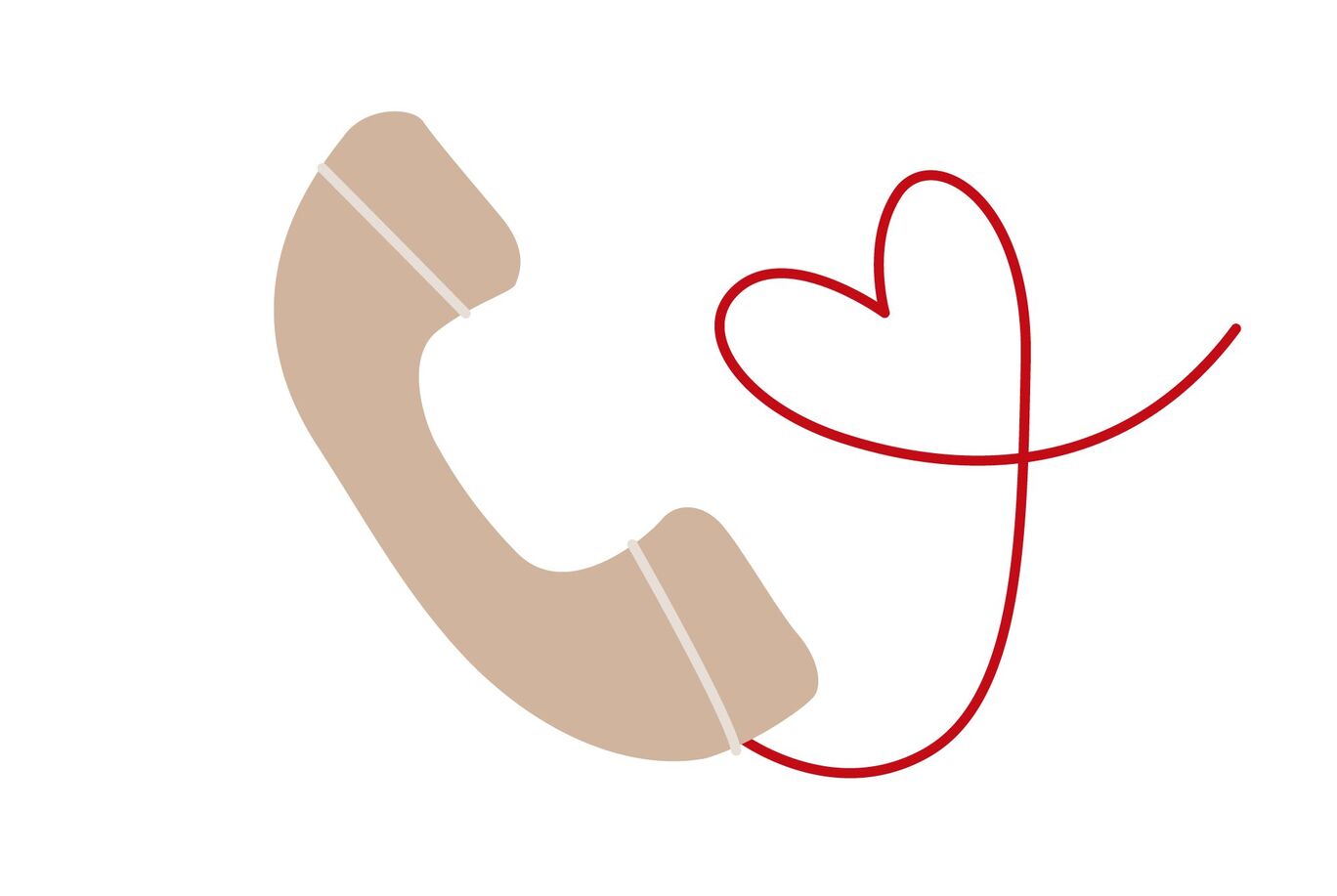 Un auricular beige con un corazón rojo atado con hilo.