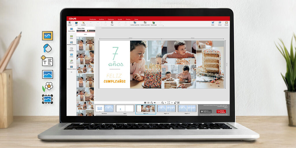 Una computadora portátil muestra una interfaz para crear un álbum CEWE con fotos de celebraciones y decoraciones coloridas.