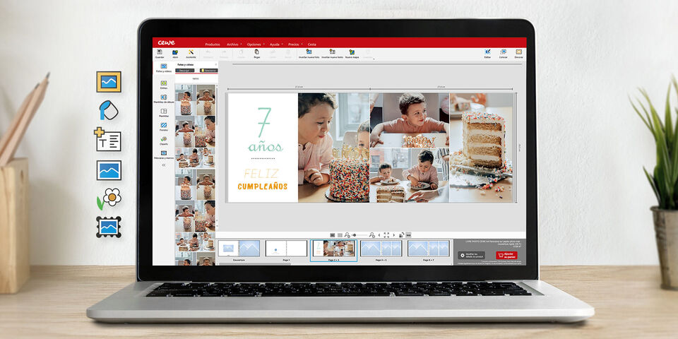 Una computadora portátil muestra una interfaz para crear un álbum CEWE con fotos de celebraciones y decoraciones coloridas.