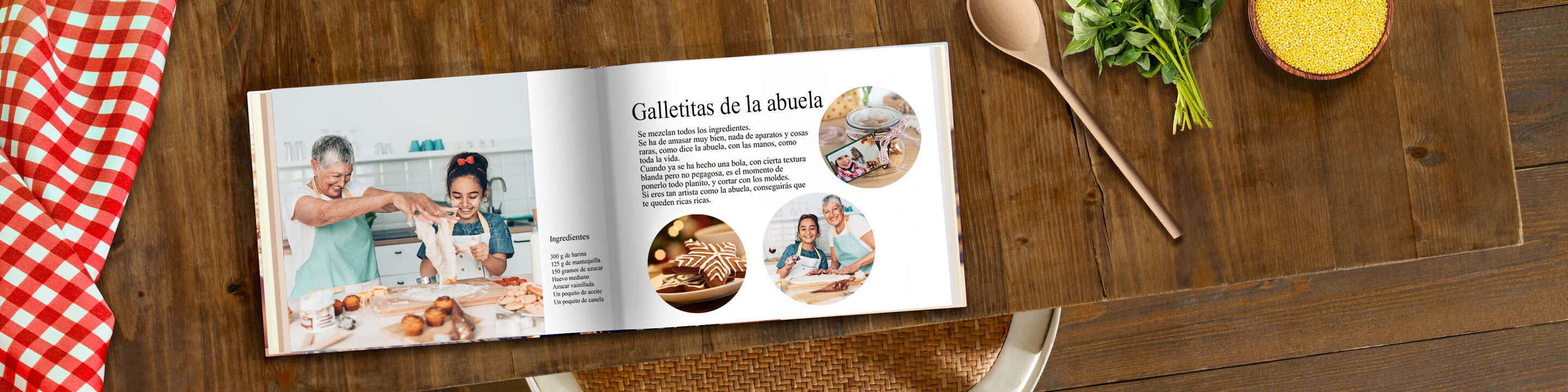 Familia creando juntos un fotolibro CEWE con recetas.