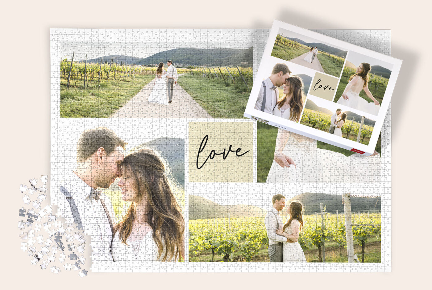 Puzzle personalizado con foto, 2000 piezas. El rompecabezas tiene varias fotos sobre una boda.