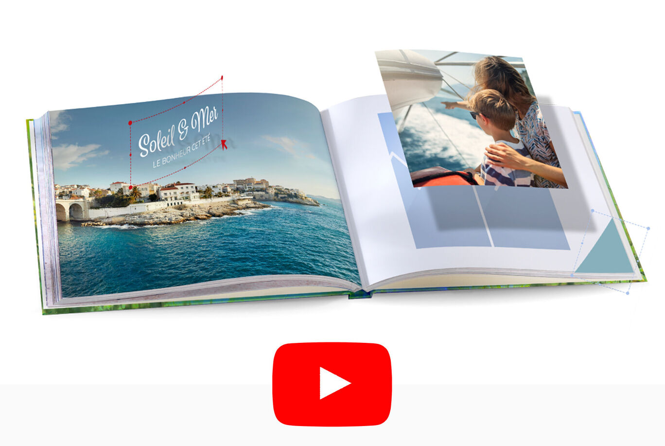 Libro de fotos CEWE abierto con fotos de vacaciones en el mar y un hermoso paisaje