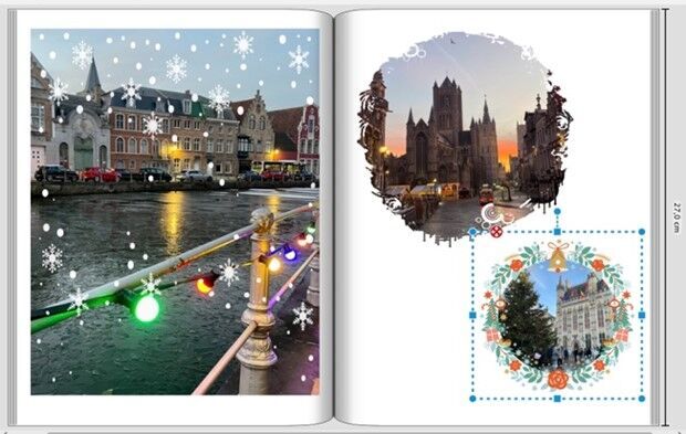 Un hermoso mercado navideño junto a un canal en la ciudad, con decoración festiva y luces.