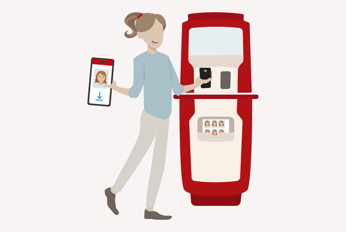 Ilustración de una persona usando una máquina de autoservicio para imprimir fotos mientras sostiene un teléfono móvil con una app Cewe Foto