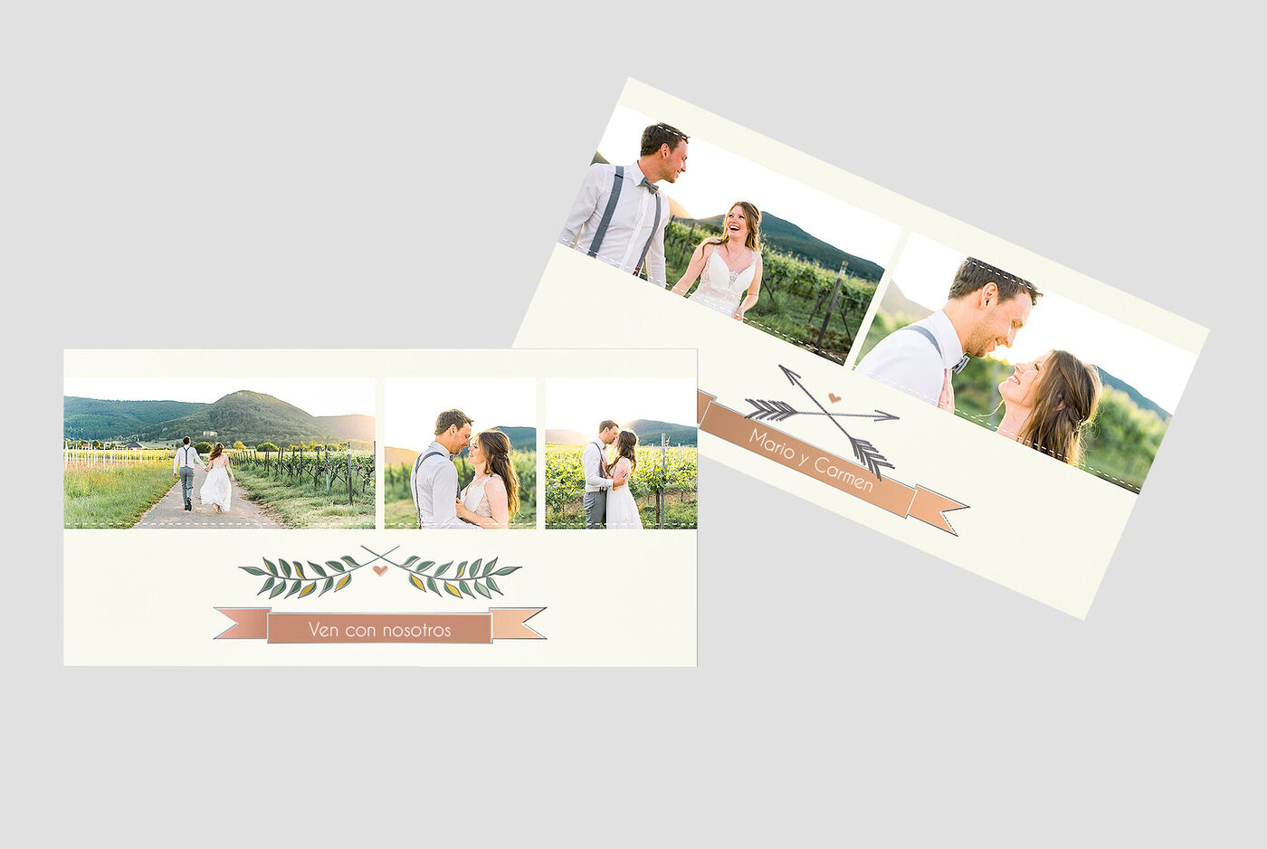 Dos tiernas fotos de pareja en una invitación de boda con motivo de plantas y mensaje personal