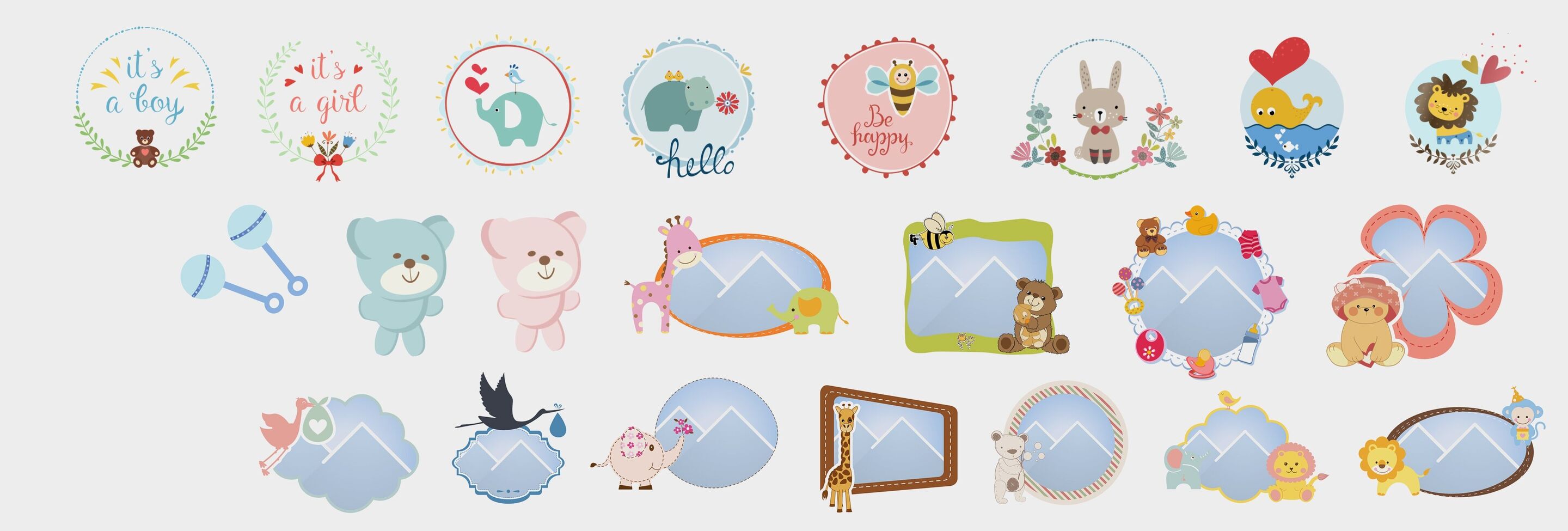 Una colección alegre de ilustraciones coloridas para niños con animales como elefantes y osos.