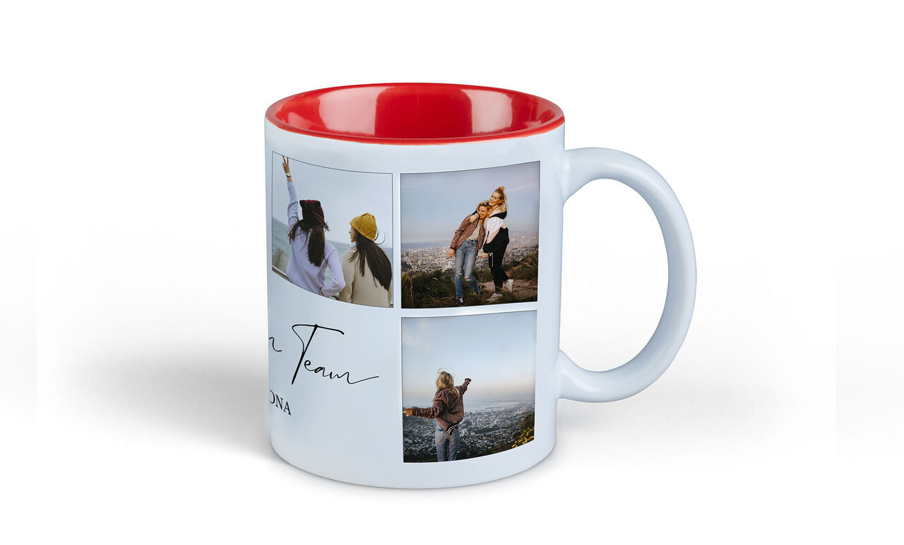 Taza con imágenes de amigos y vista de la ciudad