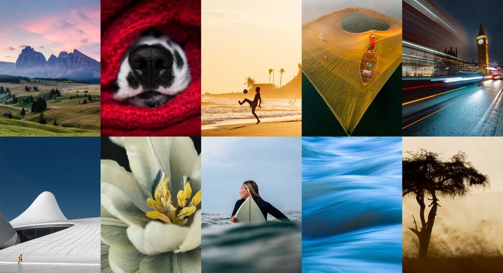 Cuadrícula de diez fotografías de naturaleza, personas y paisajes en tonos vibrantes.