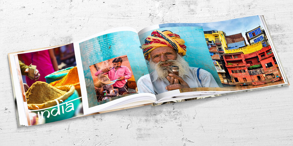 Páginas coloridas de un álbum de fotos abierto con motivos indios.