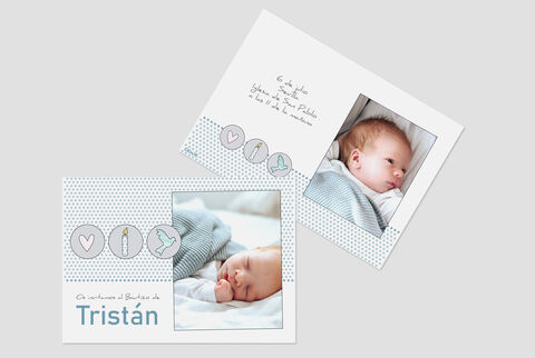 Hermosa tarjeta de bebé para Tristan con diseños azules y corazones.