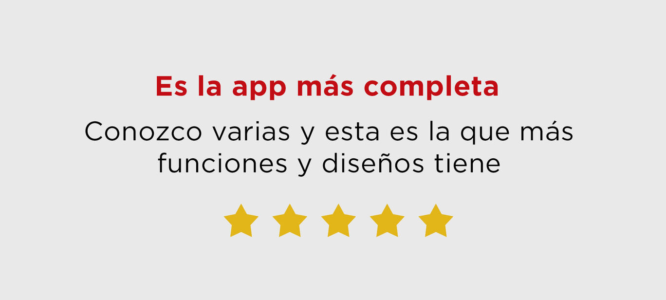 Captura de pantalla de una vista de valoraciones con cinco estrellas doradas y evaluación positiva de una app.