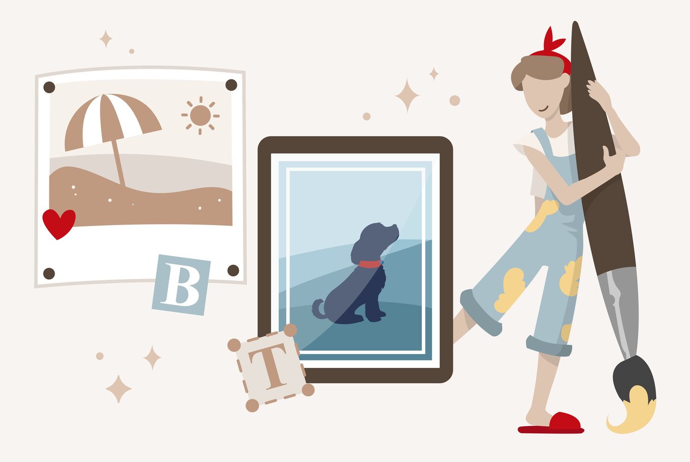 Una persona alegre crea un mural con un perro. Disfruta siendo creativa rodeada de arte y decoraciones.