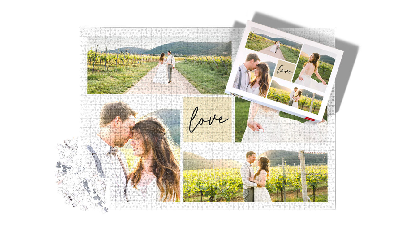 Diseño de puzzle fotográfico personalizado que combina la imagen del puzzle a medio armar y la caja de regalo que muestra la foto final.