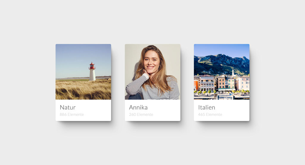 Imagen muestra tres tarjetas con fotos: izquierda un faro en la naturaleza, centro un niño sonriendo, derecha vista de una ciudad italiana