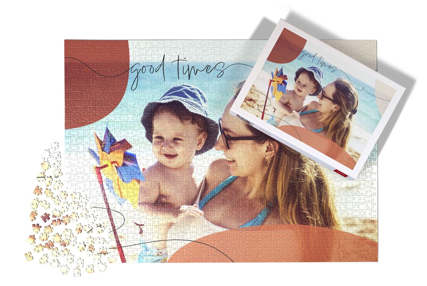Puzzle personalizado con foto, 1500 piezas. El rompecabezas tiene una foto de una madre y su bebé en la playa.