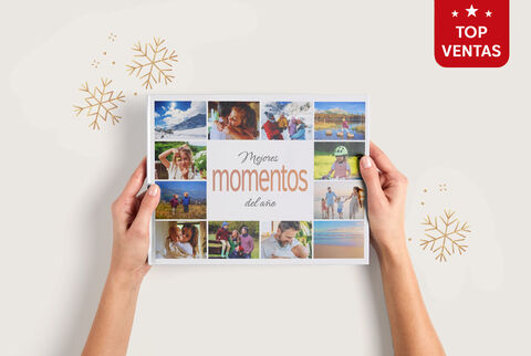 Una persona sostiene un álbum CEWE con varios recortes de imágenes que muestran recuerdos.