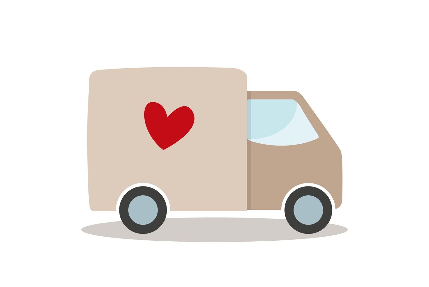 Una furgoneta beige con un corazón rojo en el lateral, que recorre alegremente el camino