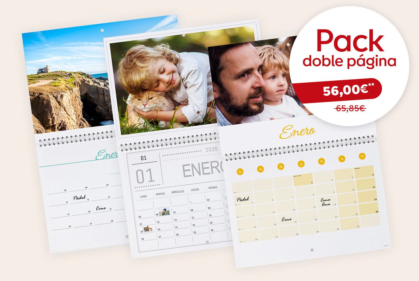 Oferta de un pack de 3 calendarios personalizados de pared doble página A3. Diséñalos como quieras e introduce tu código de descuento.