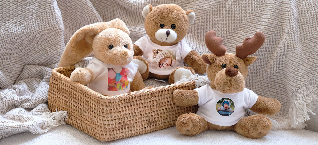 Ternuritas en una cesta, una lleva una camiseta con foto.