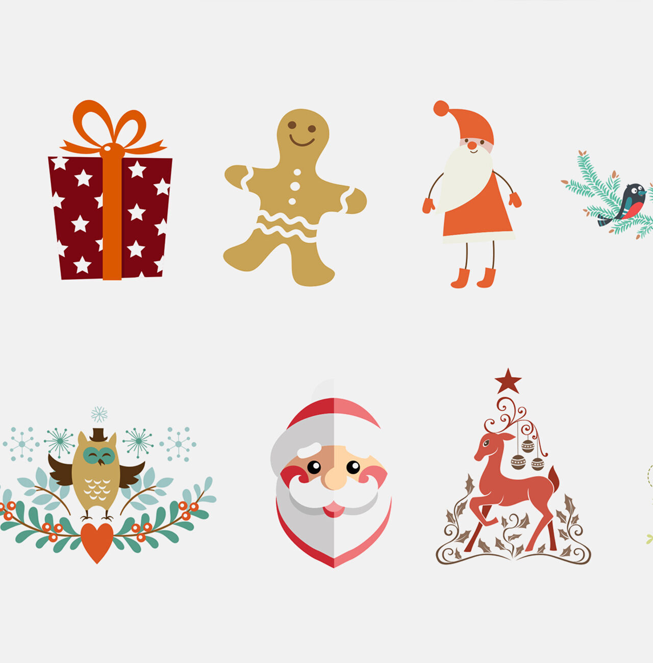 Motivos navideños coloridos: paquete, hombre de jengibre, Santa Claus, ave, búho, árbol de Navidad, reno.