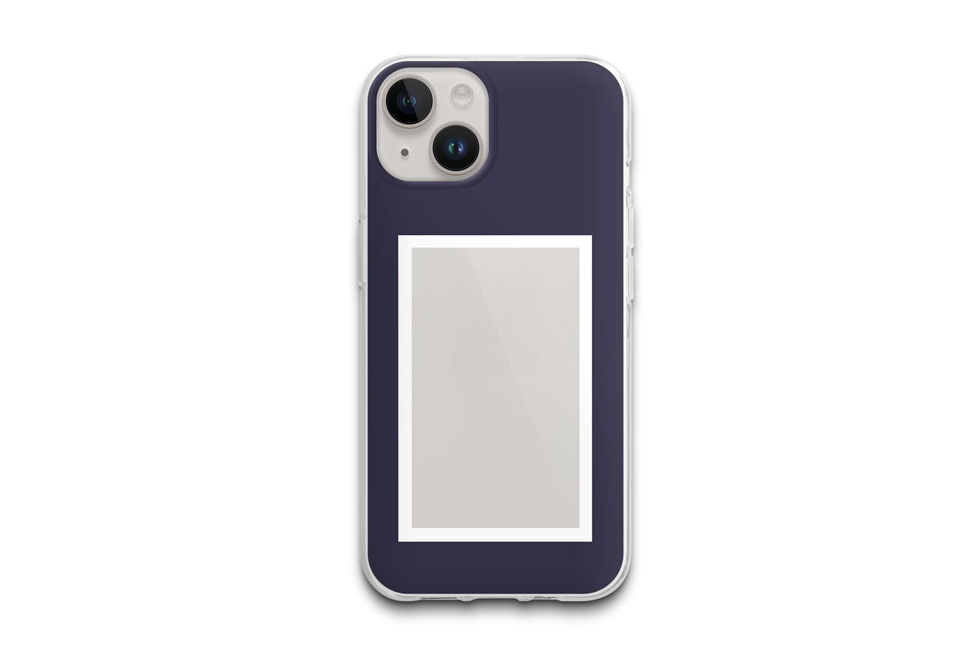 Funda de teléfono en azul oscuro con un recorte blanco para foto.