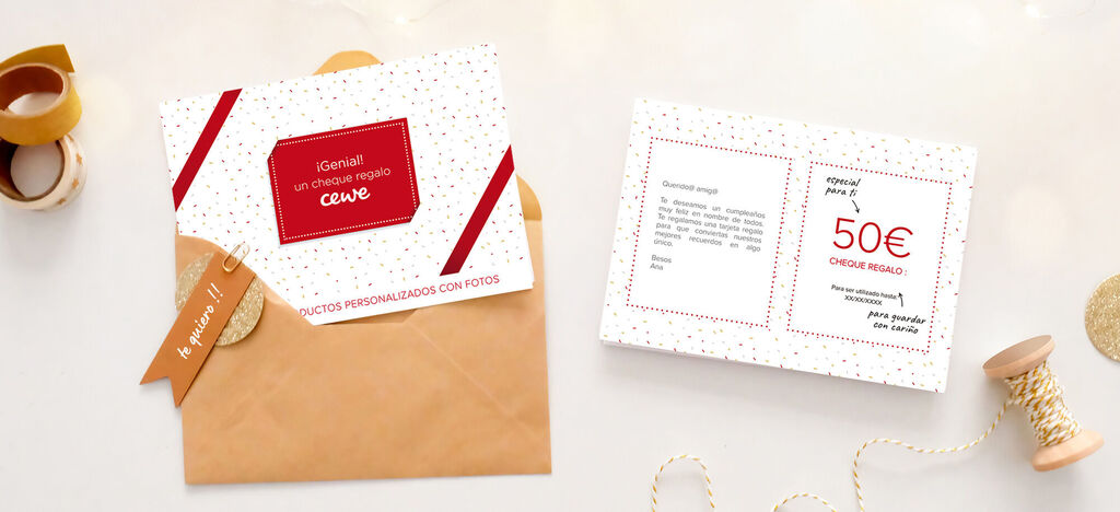 Cheque de regalo CEWE para canejar en la web por cualquier producto. Disponible desde 5€ hasta 100€.