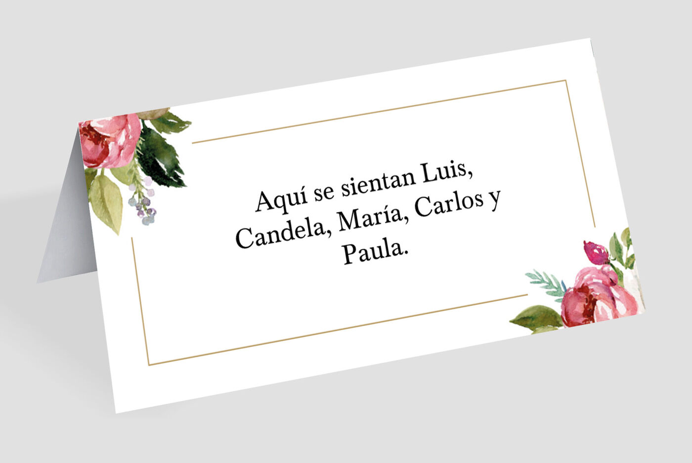 Elegante tarjeta con flores y nombres de los invitados Luis, Candela, María, Carlos y Paula.