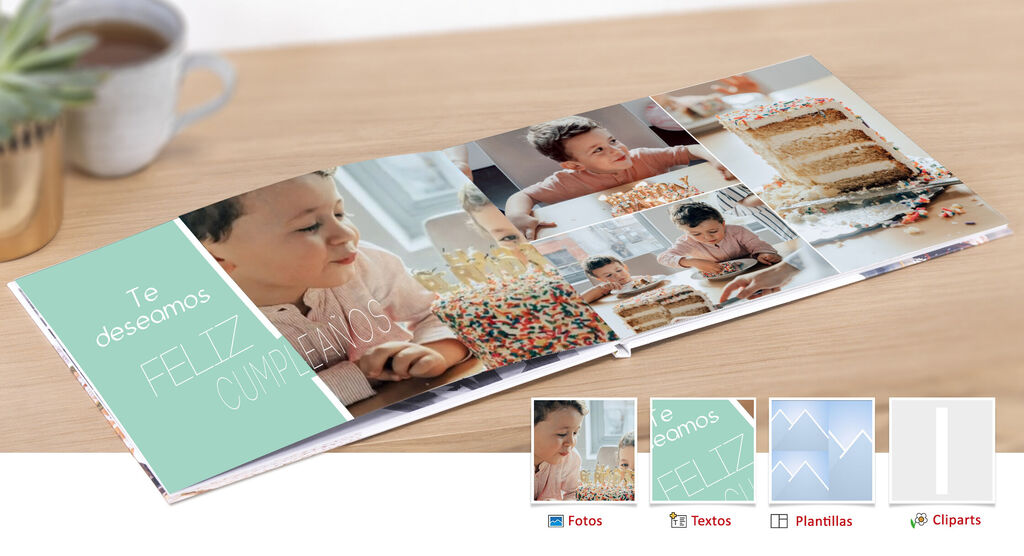 El álbum CEWE abierto muestra momentos felices en una celebración con pastel y niños alegres.