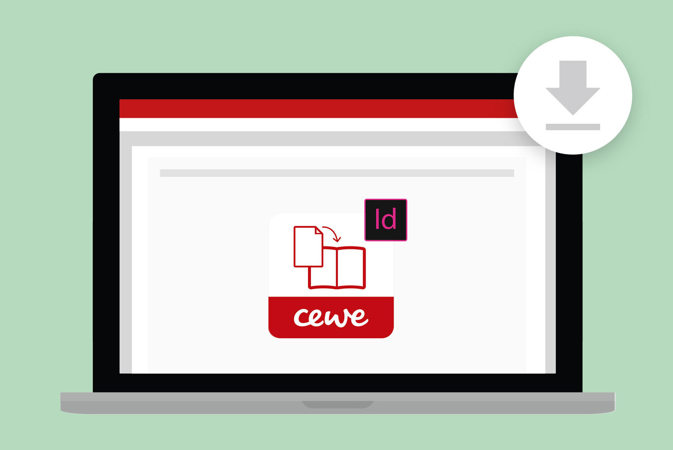 La pantalla del portátil muestra la plantilla de diseño CEWE, se ve un símbolo de descarga