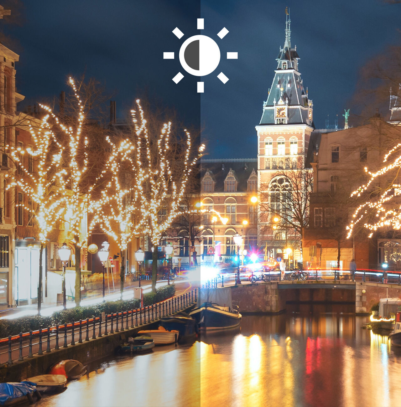 Toma nocturna de un canal iluminado en Ámsterdam, con árboles decorados, creando un ambiente festivo y acogedor. A la izquierda está el día y a la derecha la noche.