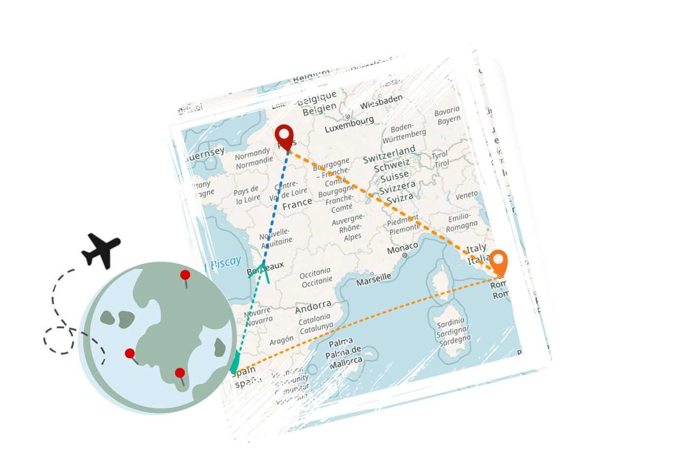 Mapa con rutas marcadas y globo terráqueo con avión, ilustración del producto Álbum de Viaje CEWE
