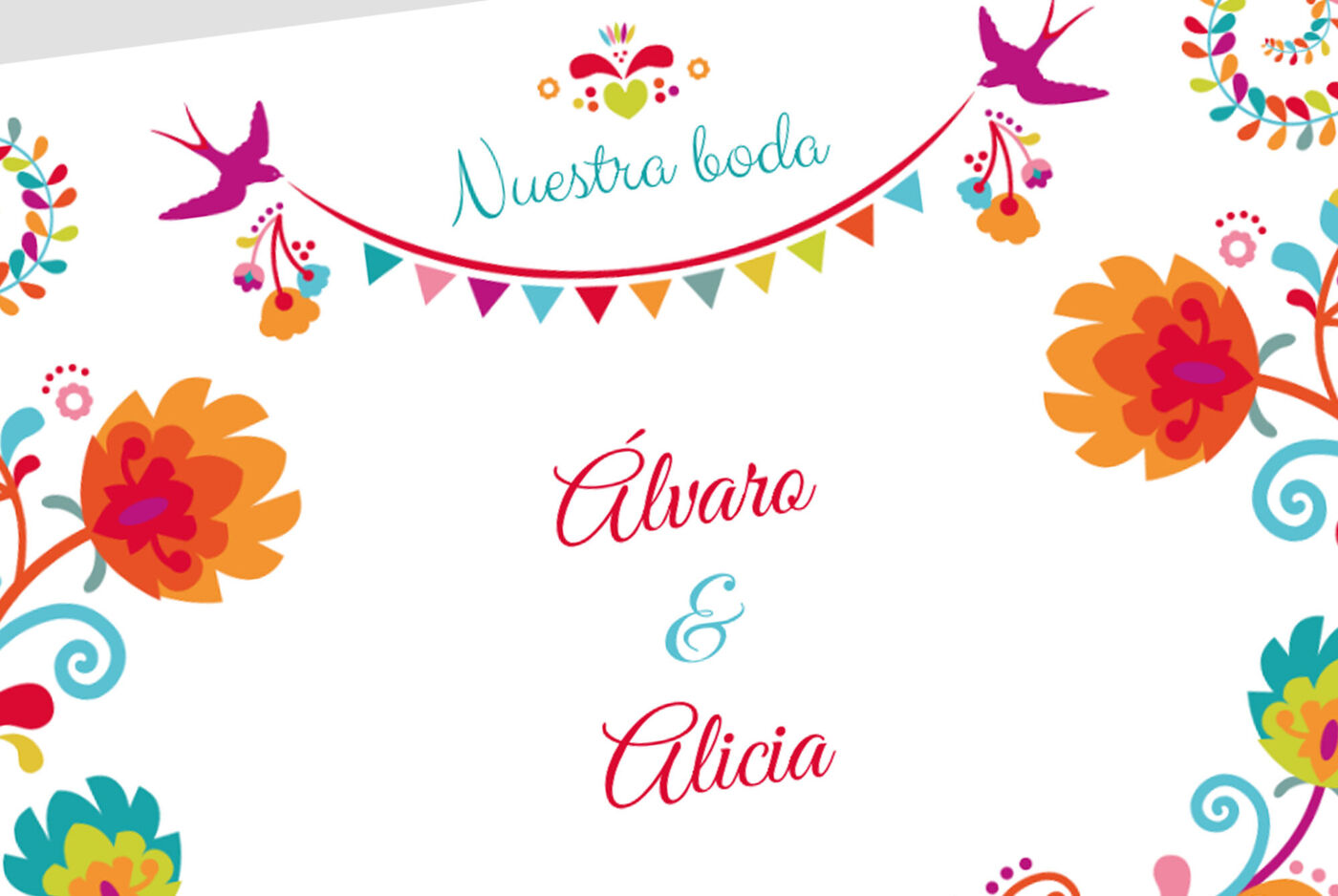 Diseño de boda colorido con motivos florales, Álvaro y Alicia.