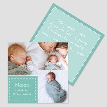 Una tarjeta de bebé alegre con una foto amorosa de un bebé durmiendo.