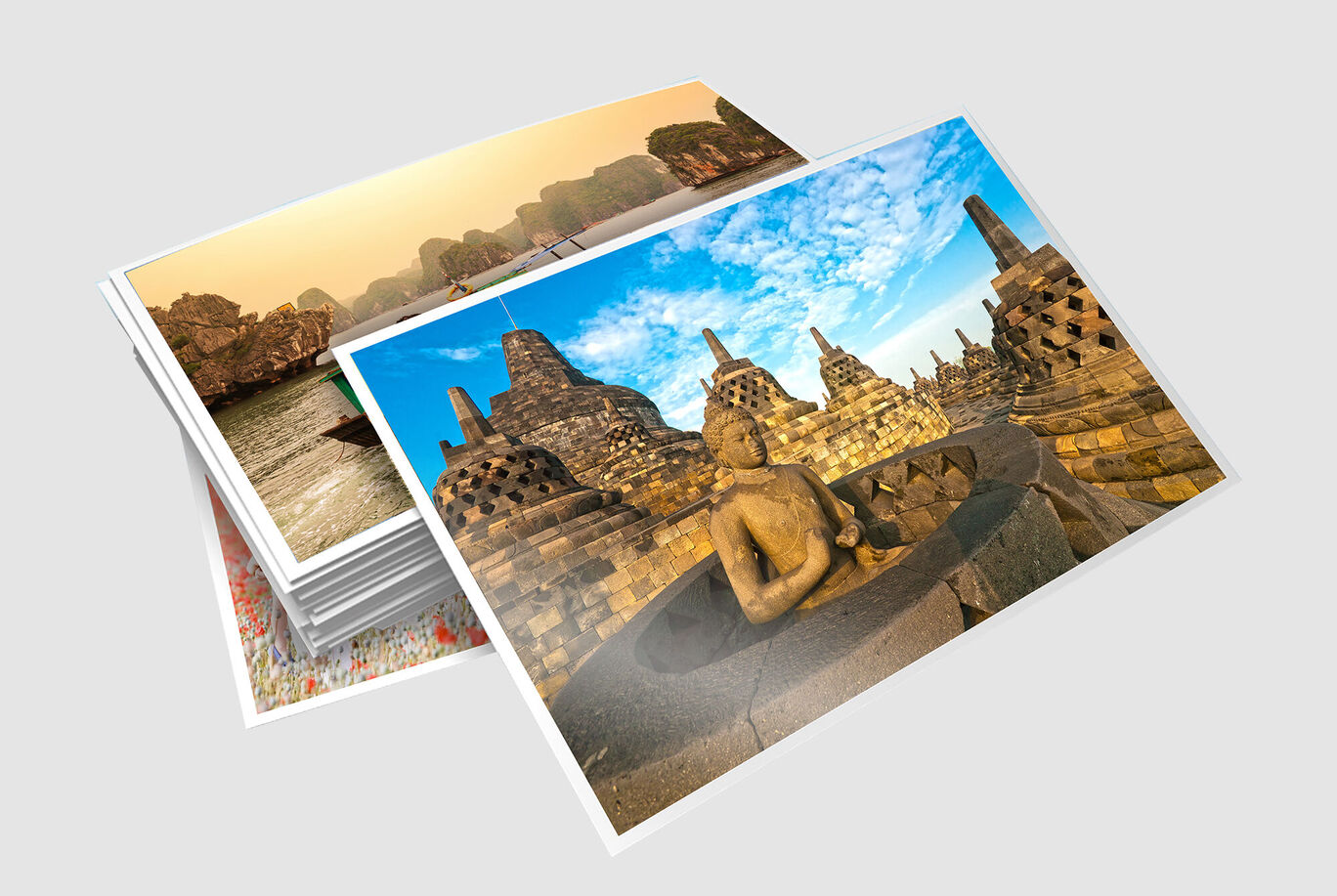 Fotos apiladas mostrando el impresionante sitio Borobudur en Indonesia con un Buda al frente.