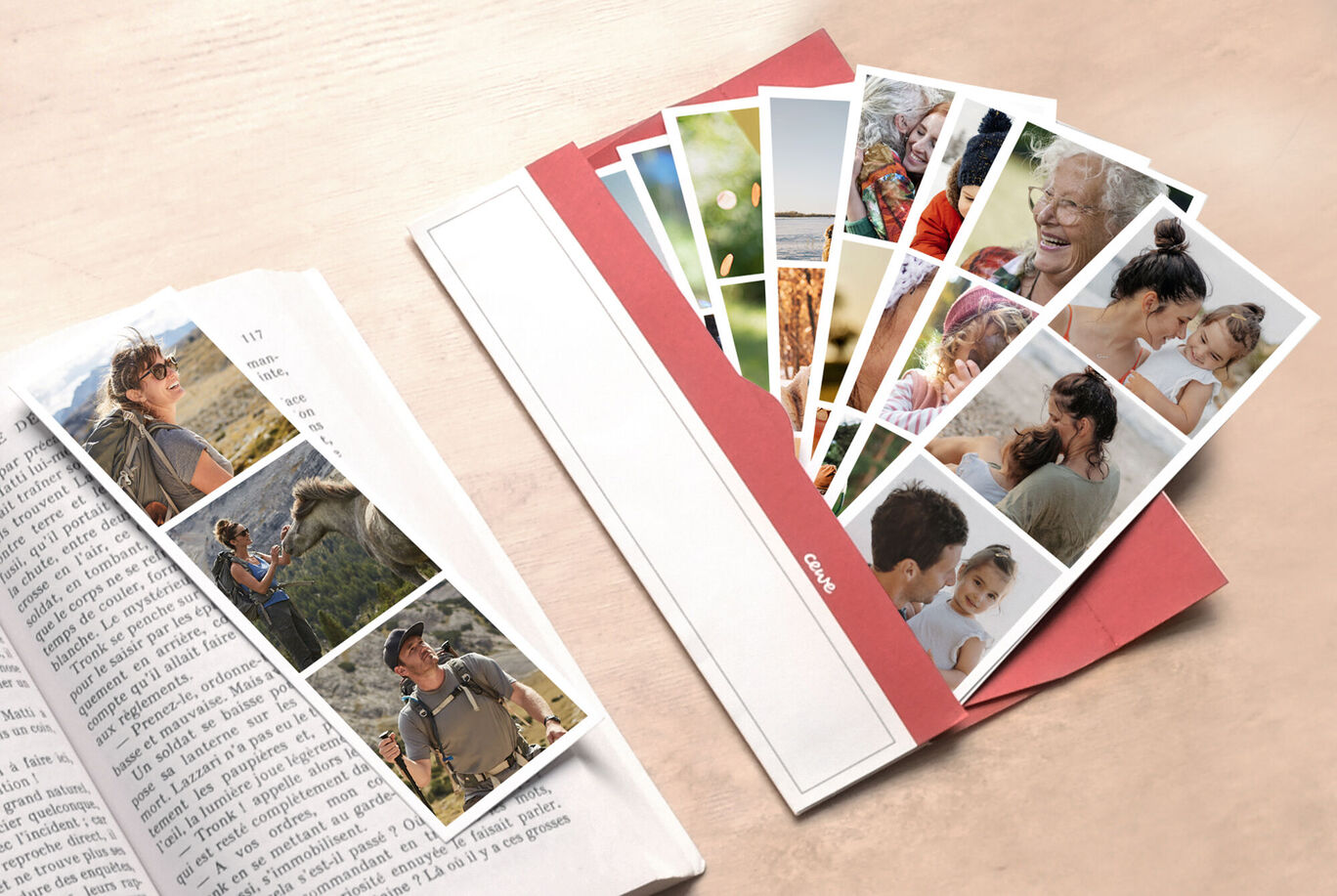 Las tarjetas de saludo CEWE están diseñadas creativamente con excelentes imágenes. Están sobre un libro abierto.