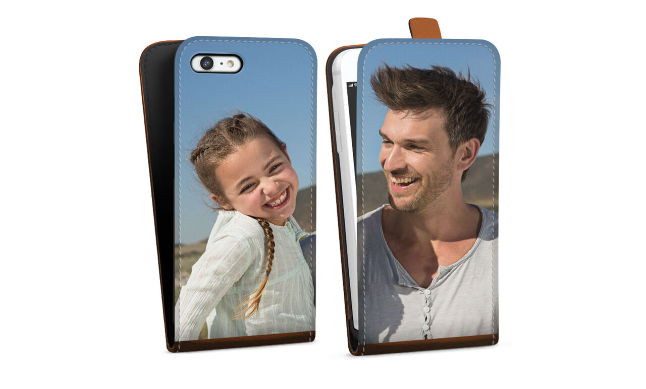 Funda de smartphone con imágenes de dos personas al fondo.